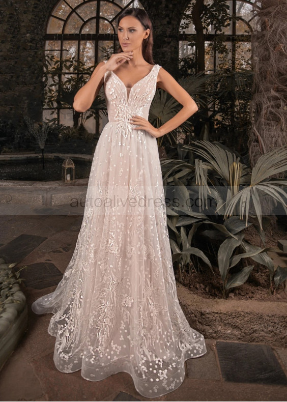 Beaded Ivory Lace Tulle Wedding Dress With Blush Lining